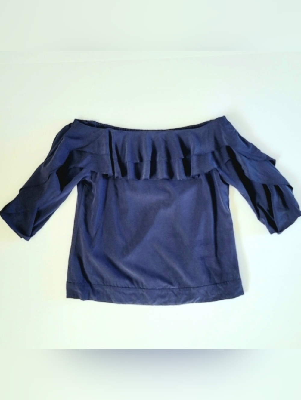 L’AGENCE Silk Off Shoulder Ruffle Blouse Navy Boho Peasant Top Size S